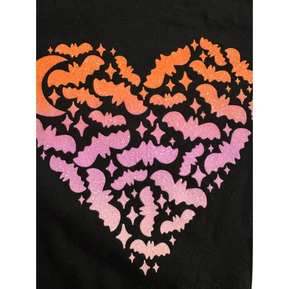 Cat & Jack Bat Heart Graphic Tee girls M 8 Black Glitter Long Sleeve Halloween